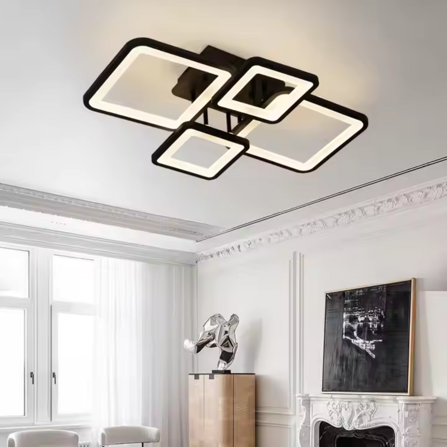 LED żyrandol z zdalnym sterowaniem Ella 85W, 4 kwadraty, zimno/gorące/neutralne światło, niestabilne, czarne
