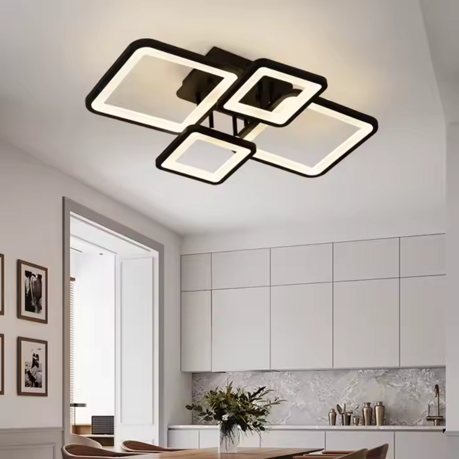 LED żyrandol z zdalnym sterowaniem Ella 85W, 4 kwadraty, zimno/gorące/neutralne światło, niestabilne, czarne