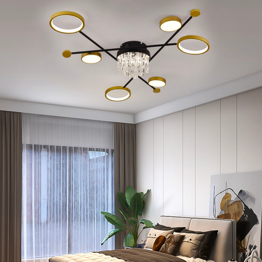 Żyrandol LED z pilotem i kryształem GUIDE 38W, 6 elementów, zimne/ciepłe/neutralne światło, ściemnialny, czarno-złoty