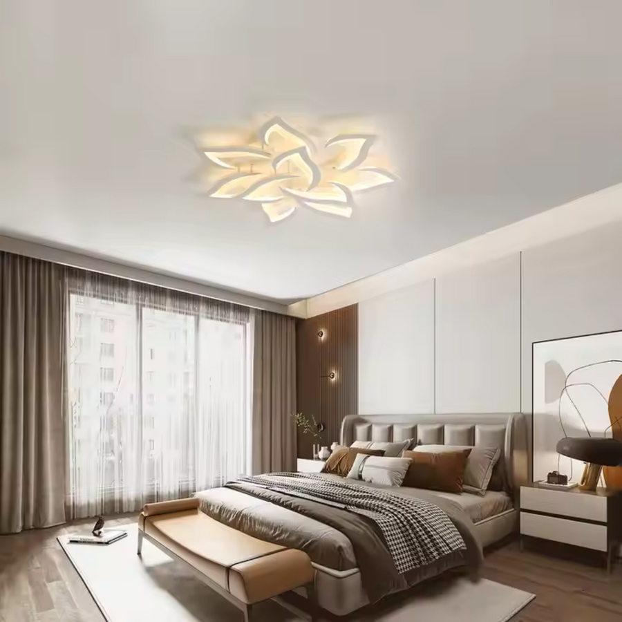 Żyrandol LED z pilotem LOTUS 92W, 9 płatków, światło zimne/ciepłe/neutralne, możliwość przyciemniania, biały