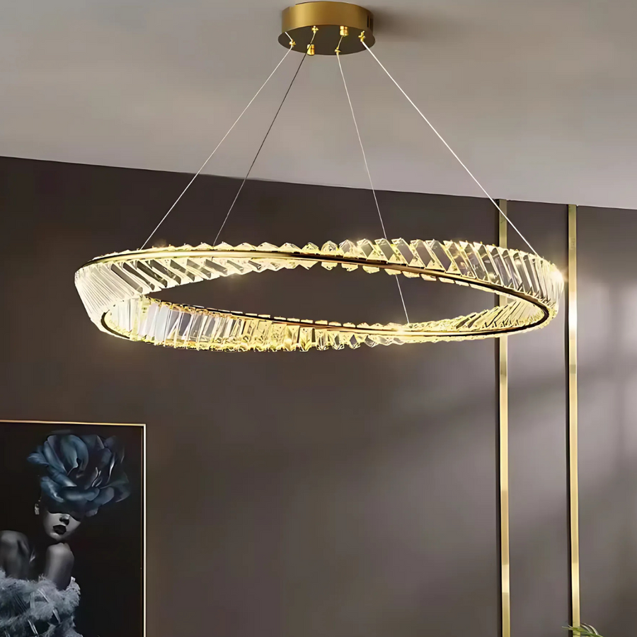 Żyrandol LED z pilotem i kryształem LUIGI, 35 W, światło zimne/ciepłe/neutralne, ściemnialny, złoty