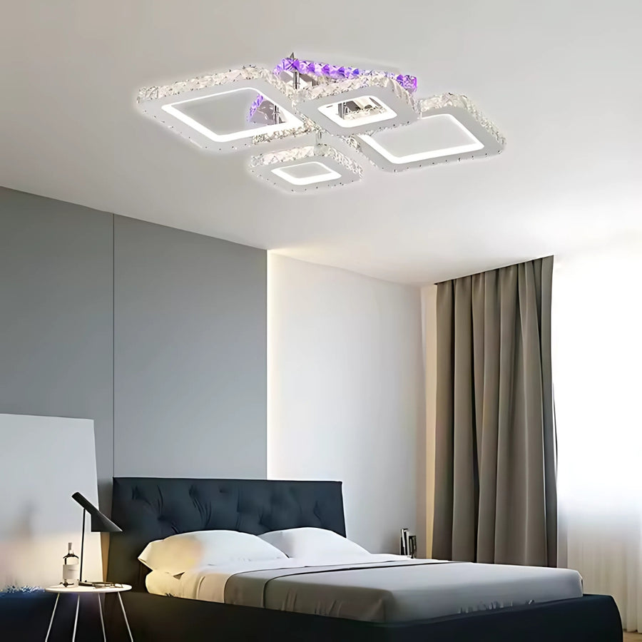 Żyrandol LED z pilotem i kryształem NOVA RHOMBA RGB 60W, 4 kwadraty, zimne/ciepłe/neutralne światło, ściemnialny, błyszczący chrom
