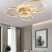 Żyrandol LED z pilotem DARIO, 5 okręgów, 120 W, światło ciepłe/zimne/neutralne, ściemnialny, złoty