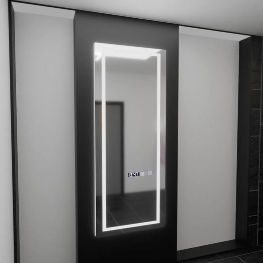 Prostokątne lustro LED, 60x150 cm, czujnik radarowy Alessia Marcello, system przeciwmgielny, zegar i termometr, ściemnialne, Dressing Couture