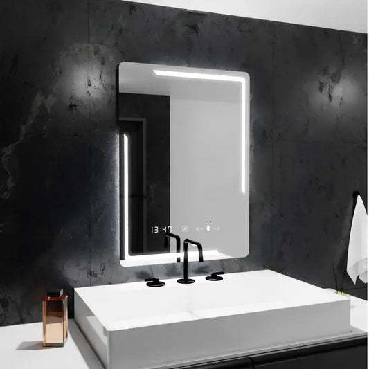 Prostokątne lusterko LED, 60x80 cm, Rayonlement Motionglow Marcello, system zniekształcony, zegar i termometr, Daimable