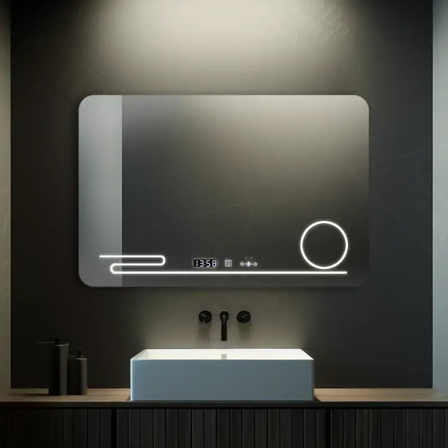 Prostokątne lustro LED, 100x60 cm, Harmonie MotionGlow Marcello, system przeciwmgielny, zegar i termometr, lupa kosmetyczna, ściemnialna