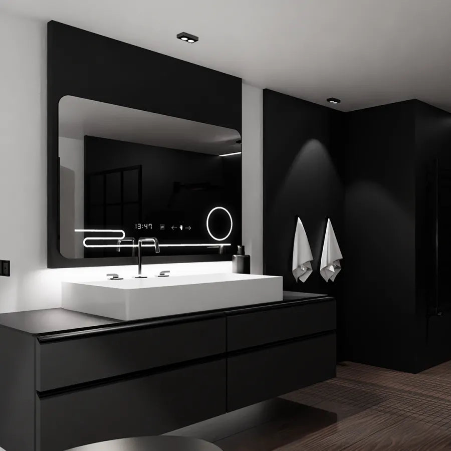 Prostokątne lustro LED, 120x80 cm, Harmonie MotionGlow Marcello, system przeciwmgielny, zegar i termometr, lupa kosmetyczna, ściemnialna