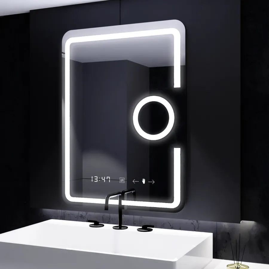 Prostokątne lustro LED, 60x80 cm, Eclat MotionGlow Marcello, zegar i termometr, system przeciwmgielny, lupa kosmetyczna, ściemnialna