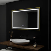 Prostokątne lustro LED, 100x80cm, Verite Royale Gold Motion Glow Marcello, system przeciwmgielny, zegar i termometr, ściemnialne