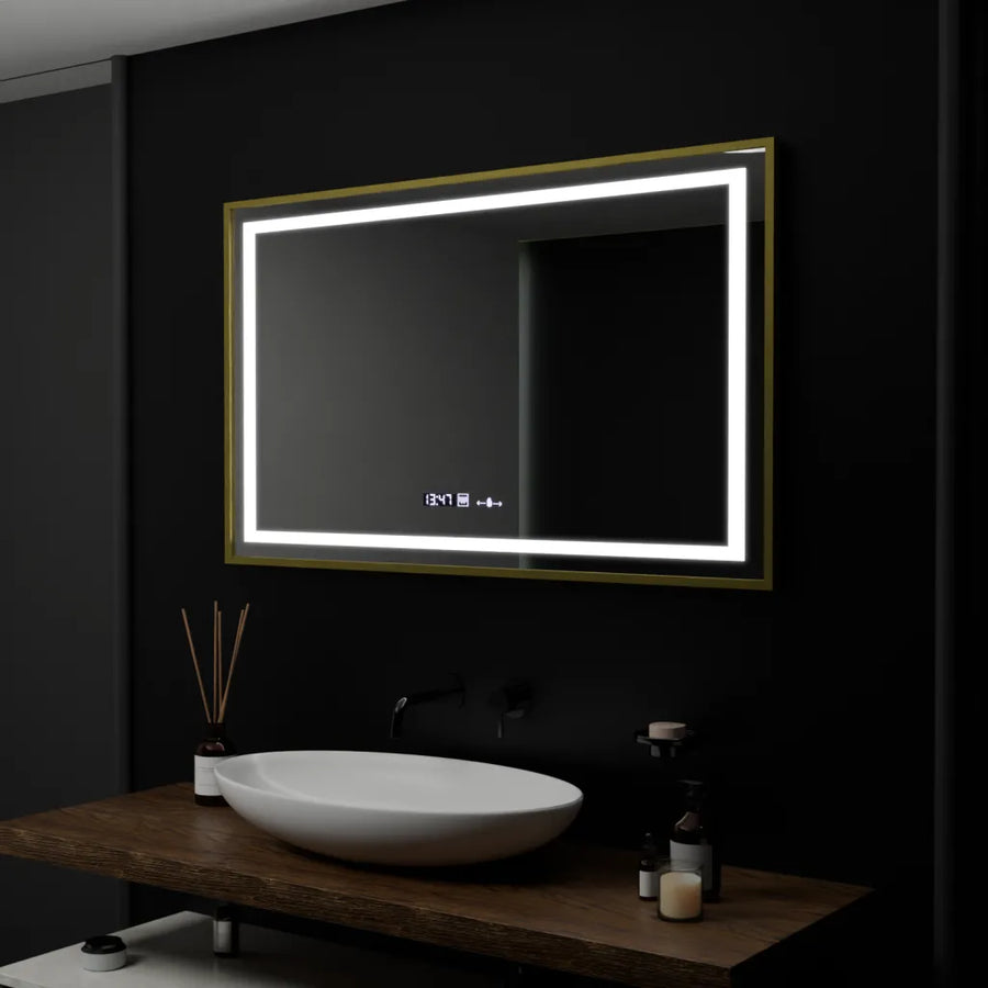 Prostokątne lustro LED, 100x80cm, Verite Royale Gold Motion Glow Marcello, system przeciwmgielny, zegar i termometr, ściemnialne