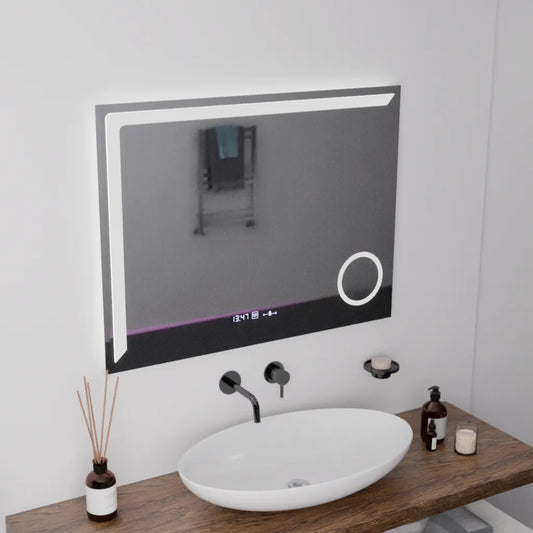 Prostokątne lustro LED, 80x60 cm, precyzyjne Motion Blglow Marcello, system wyłączania, zegar i termometr, powiększenie kosmetyczne