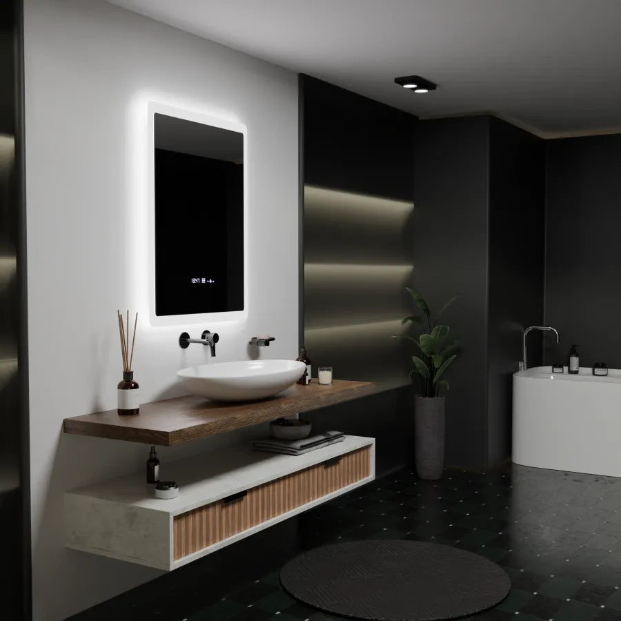 Prostokątne lustro LED, 60x80cm, czujnik Pugliesi MotionGlow Marcello, system przeciwmgielny, zegar i termometr, ściemnialne