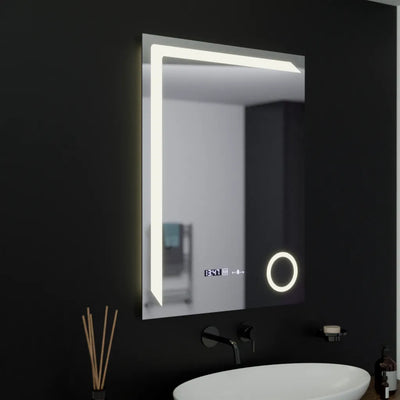 Prostokątne lustro LED, 60x80 cm, Precision MotionGlow Marcello, system przeciwmgielny, zegar i termometr, lupa kosmetyczna, ściemnialna