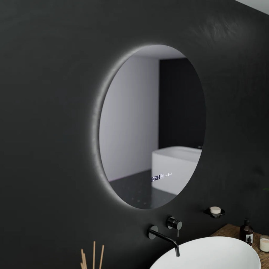 Okrągłe lustro LED, 60 cm, Serenite MotionGlow Marcello, system przeciwmgielny, zegar i termometr, ściemnialne