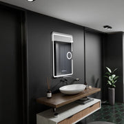 Prostokątne lustro LED, 50x70 cm, Eclat MotionGlow Marcello, system przeciwmgielny, zegar i termometr, lupa kosmetyczna, ściemnialna