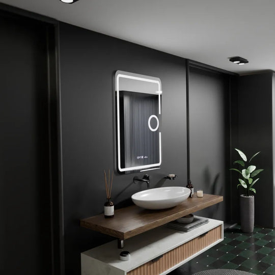 Prostokątne lustro LED, 50x70 cm, Eclat MotionGlow Marcello, system przeciwmgielny, zegar i termometr, lupa kosmetyczna, przyciemniane lustra Marcello Domyślny tytuł Alessandro Design