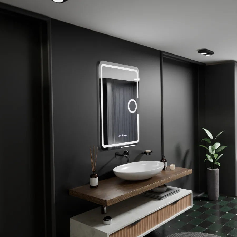 Prostokątne lustro LED, 50x70 cm, Eclat MotionGlow Marcello, system przeciwmgielny, zegar i termometr, lupa kosmetyczna, ściemnialna