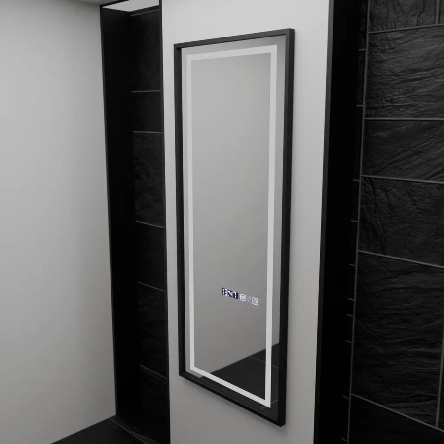 Prostokątne lustro LED, 60x150 cm, czujnik radarowy Bianca Marcello, system przeciwmgielny, zegar i termometr, ściemnialne, Dressing Couture