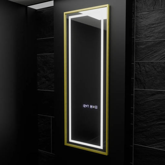 Prostokątne lustro LED, 45 x 140 cm, czujnik radarowy Elena Marcello, system przeciwmgielny, zegar i termometr, ściemnialne, Dressing Couture
