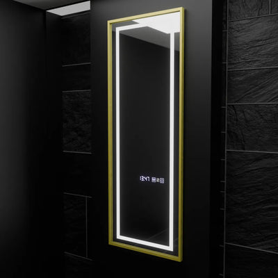 Prostokątne lustro LED, 45 x 140 cm, czujnik radarowy Elena Marcello, system przeciwmgielny, zegar i termometr, ściemnialne, Dressing Couture