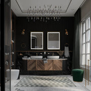 Prostokątne lustro LED, 50x70 cm, Verite Royale Gold Motion Glow Marcello, system przeciwmgielny, zegar i termometr, ściemnialne