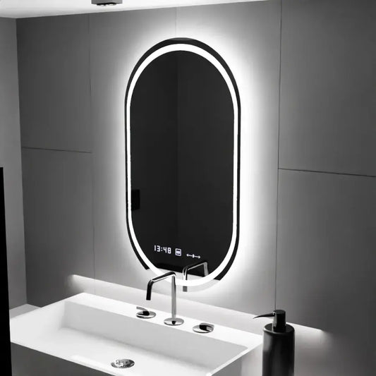 Owalne lustro LED, 60x80 cm, Eminence MotionGlow Marcello, system przeciwmgielny, zegar i termometr, ściemnialne