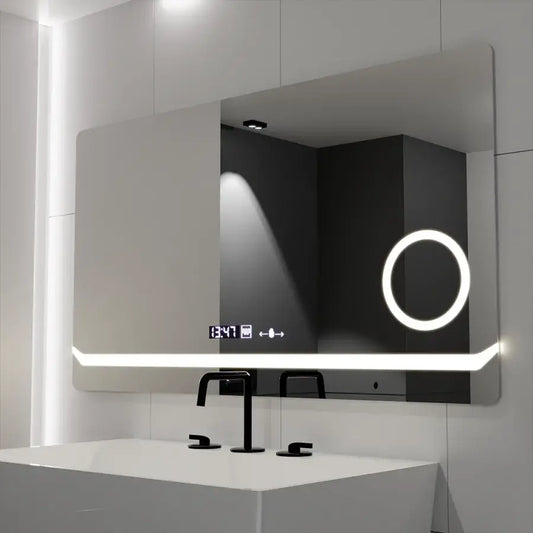 Prostokątne lustro LED, 80x60 cm, Definition MotionGlow Marcello, system przeciwmgielny, zegar i termometr, lupa kosmetyczna, ściemnialna