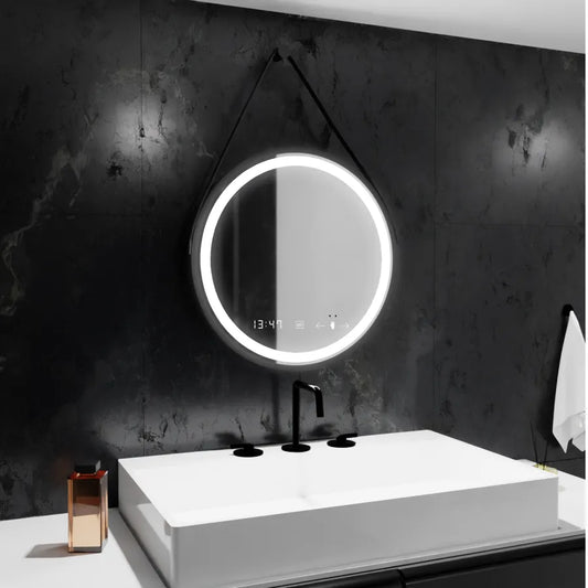 Okrągłe lustro LED, 50 cm, Celeste Majeste Noir Eleve MotionGlow Marcello, system przeciwmgielny, zegar i termometr, ściemnialne