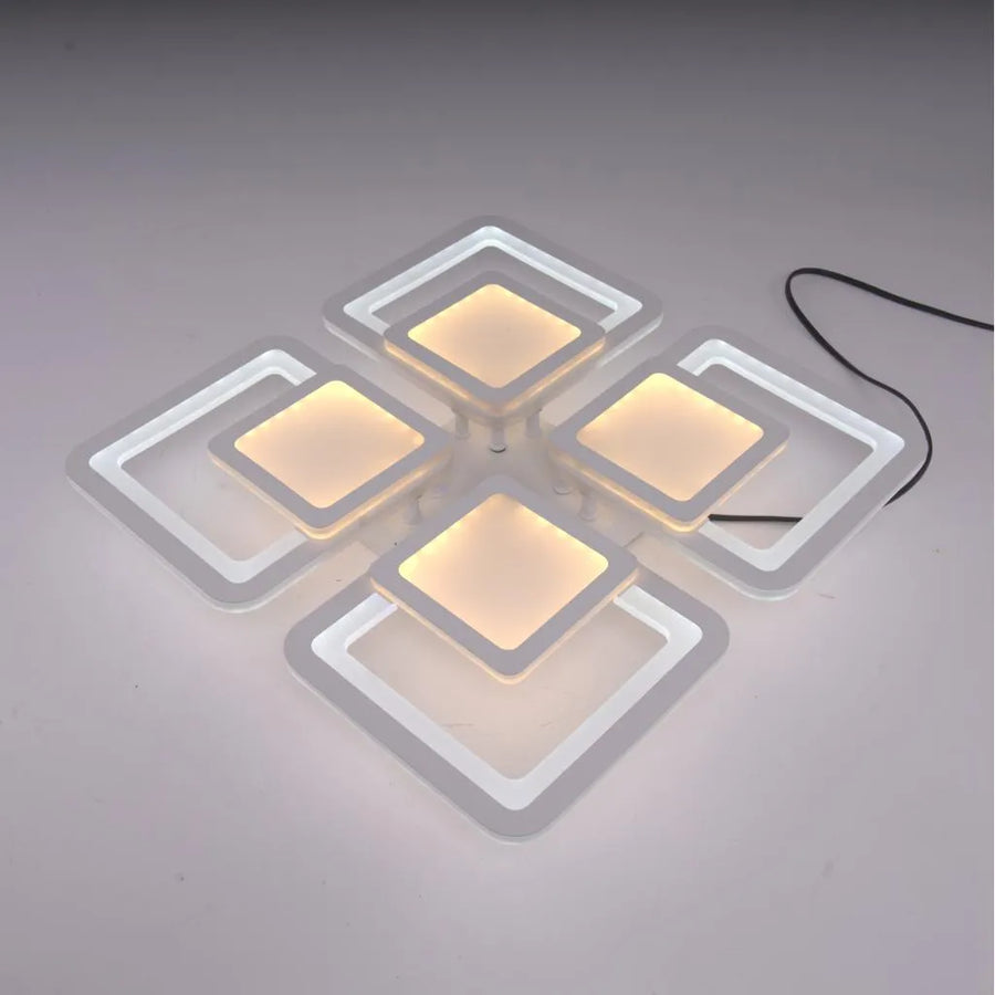 Żyrandol LED SUSAN 77W z pilotem, 4 kwadraty, światło zimne/ciepłe/neutralne, ściemnialny, biały