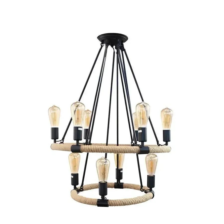 Żyrandol rustykalny, 10*E27, brązowy, metal i lina