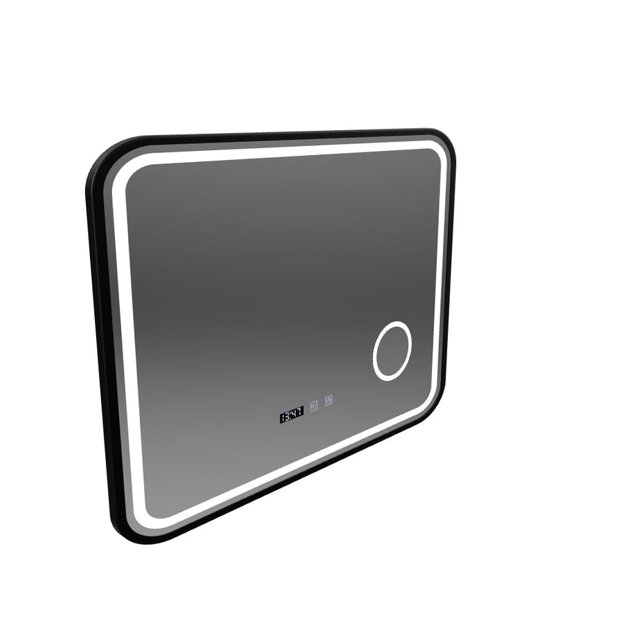 Bernd Touch LED Mirror Defog System, zegar i temperatura 80x60 cm szczotkowana czarna rama lupa kosmetyczna
