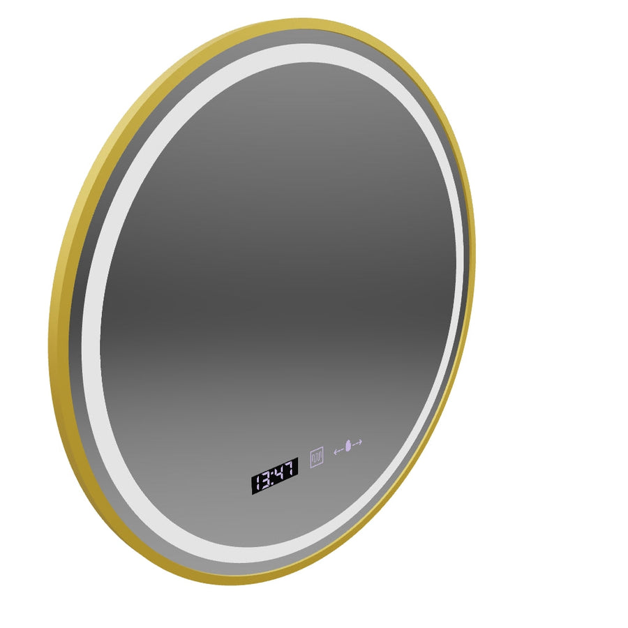 Okrągłe lusterko LED, 80 cm, Celeste Royale Gold Motionglow Marcello, system debruniowy, zegar i termometr, Daimable