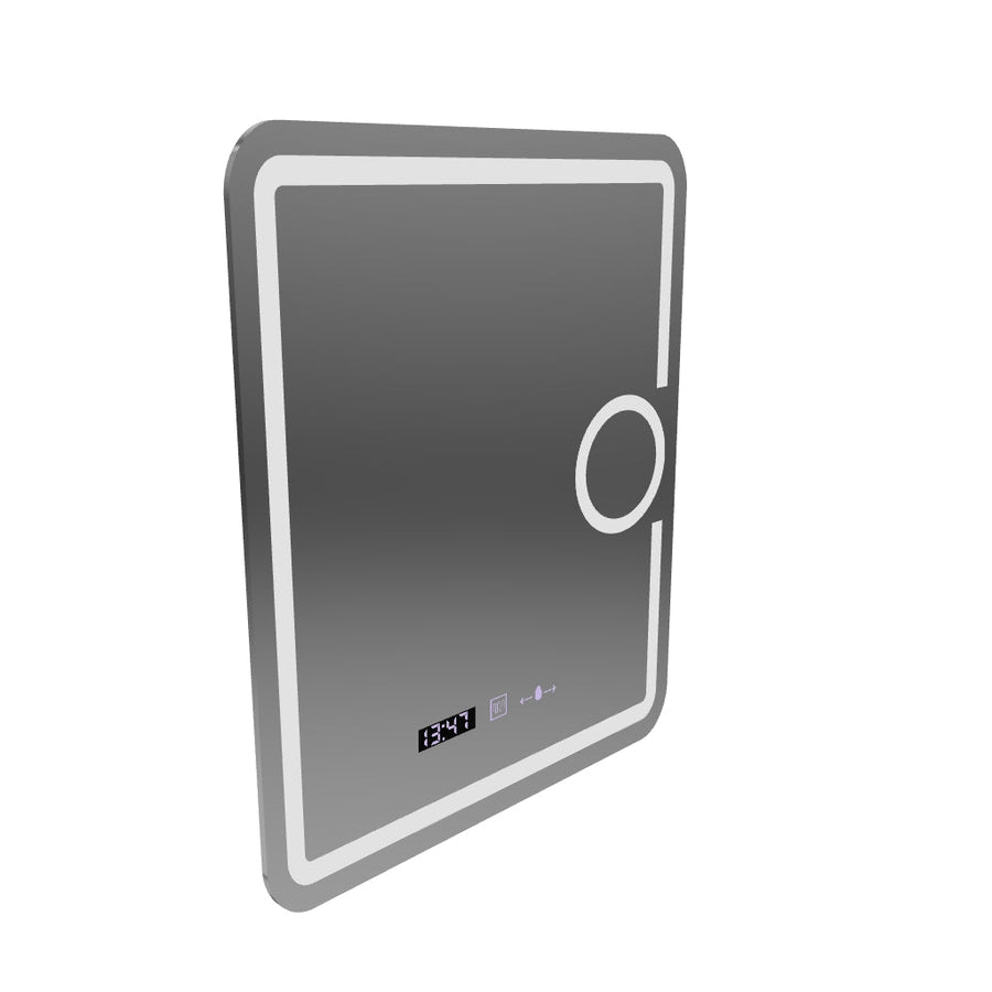 Prostokątne lustro LED, 75x90 cm, Eclat MotionGlow Marcello, system przeciwmgielny, zegar i termometr, lupa kosmetyczna, ściemnialna