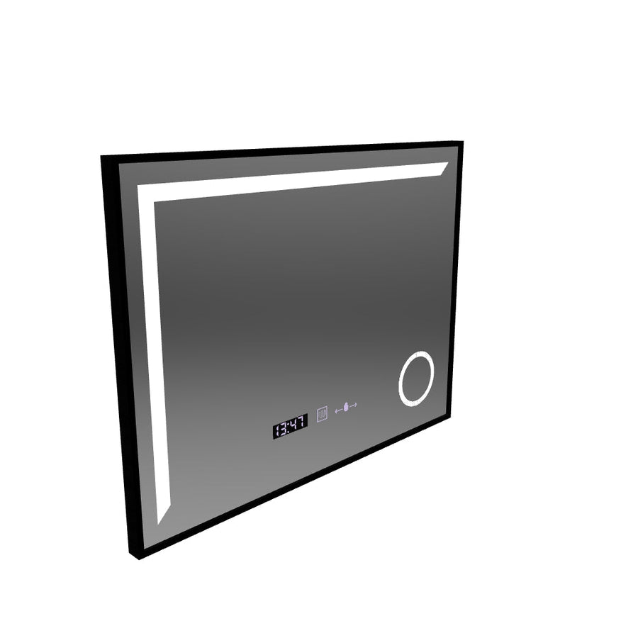 Lustro LED z czujnikiem ruchu MotionGlow Francesca 80x60 cm, ciepłe/zimne/neutralne światło, ściemnialne, szczotkowana czarna rama, system przeciwmgielny, zegar z termometrem, kolekcja Marcello Funghi