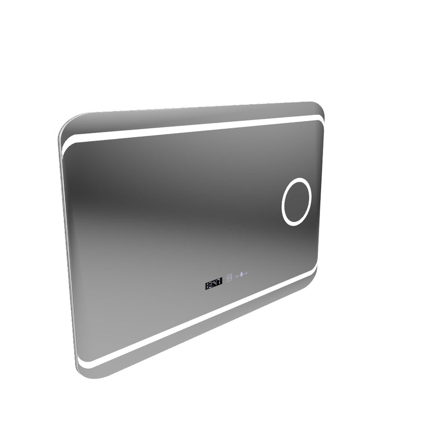 Prostokątne lustro LED, 120x80cm, definicja Motionglow Marcello, system wyłączania, zegar i termometr, powiększenie kosmetyczne