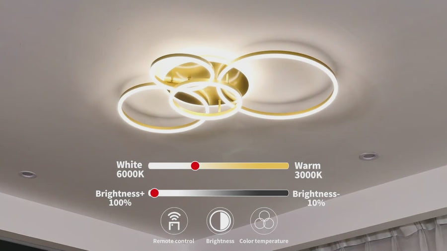 Żyrandol LED z pilotem DARIO, 4 kółka, 112W, światło ciepłe/zimne/neutralne, możliwość przyciemniania, złoty