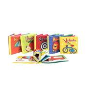 Zestaw 6 kart tekstylnych z pojazdami, figurami geometrycznymi, obrazami wizualnymi, liczbami, zwierzętami i owocami, 6 sztuk, tekstylia