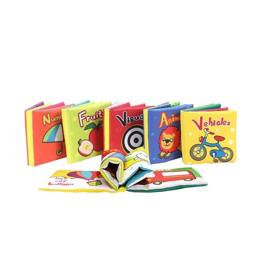 Zestaw 6 kart tekstylnych z pojazdami, figurami geometrycznymi, obrazami wizualnymi, liczbami, zwierzętami i owocami, 6 sztuk, tekstylia