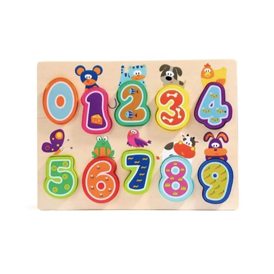 Wielokolorowa plansza ze zwierzętami i liczbami, 11 elementów, drewno