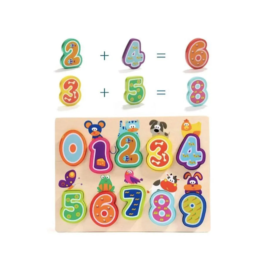 Wielokolorowa plansza ze zwierzętami i liczbami, 11 elementów, drewno