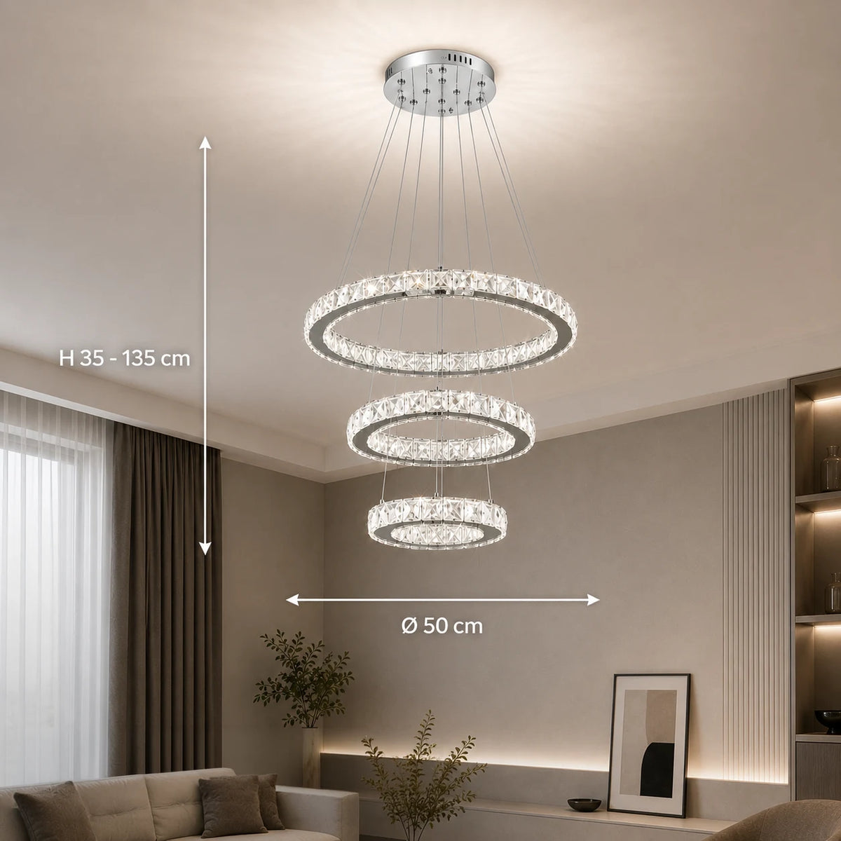 Zawieszany żyrandol LED z pilotem i kryształem PRISM LUMORA 63W, 3 koła, światło zimne/ciepłe/neutralne, możliwość przyciemniania, błyszczący chrom, regulowana wysokość - 02_LLC131-3CH.png