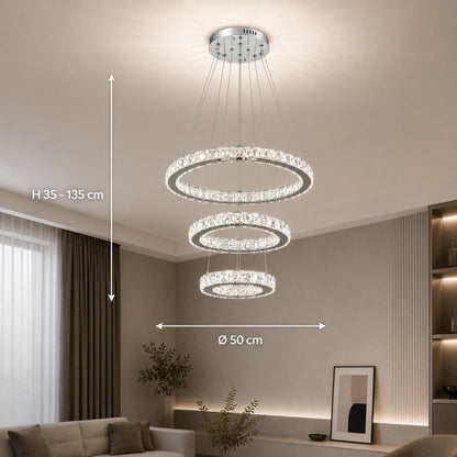 Zawieszany żyrandol LED z pilotem i kryształem PRISM LUMORA 63W, 3 koła, światło zimne/ciepłe/neutralne, możliwość przyciemniania, błyszczący chrom, regulowana wysokość - 02_LLC131-3CH.png