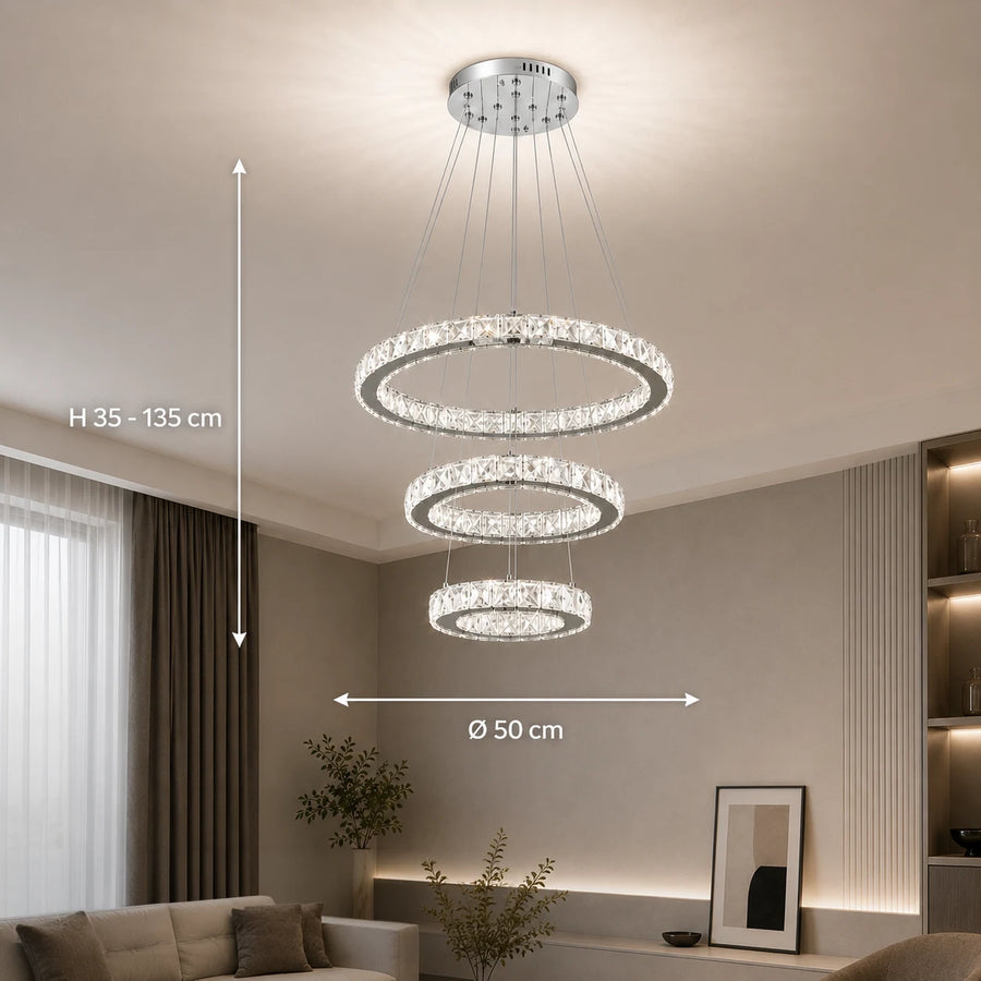 Zawieszany żyrandol LED z pilotem i kryształem PRISM LUMORA 63W, 3 koła, światło zimne/ciepłe/neutralne, możliwość przyciemniania, błyszczący chrom, regulowana wysokość - 02_LLC131-3CH.png