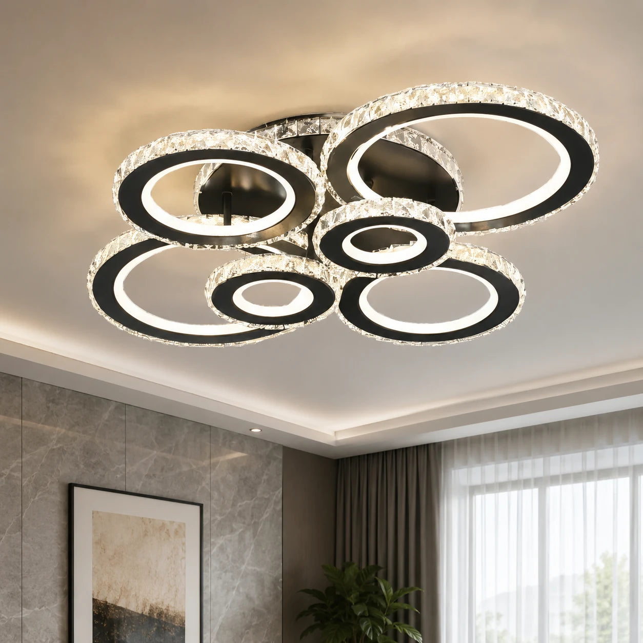Żyrandol LED z pilotem i kryształem NOVA ROTONDA RGB 145W, 6 kółek, światło zimne/ciepłe/neutralne, możliwość przyciemniania, czarny - 05_LT073-6BK.png
