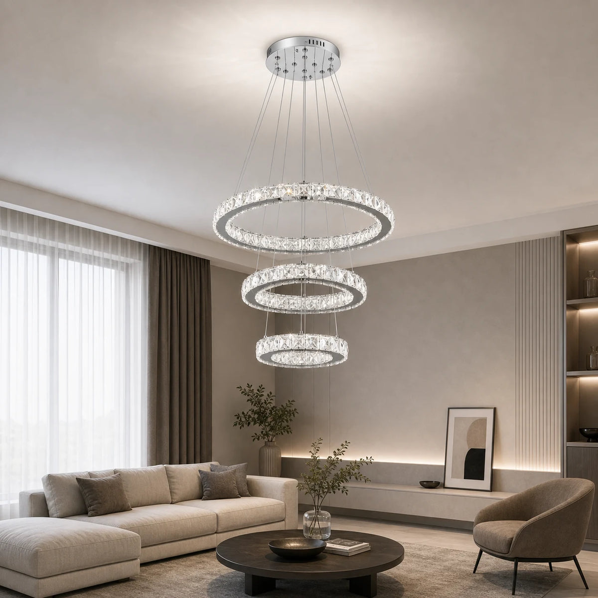 Zawieszany żyrandol LED z pilotem i kryształem PRISM LUMORA 63W, 3 koła, światło zimne/ciepłe/neutralne, możliwość przyciemniania, błyszczący chrom, regulowana wysokość - 10_LLC131-3CH.png