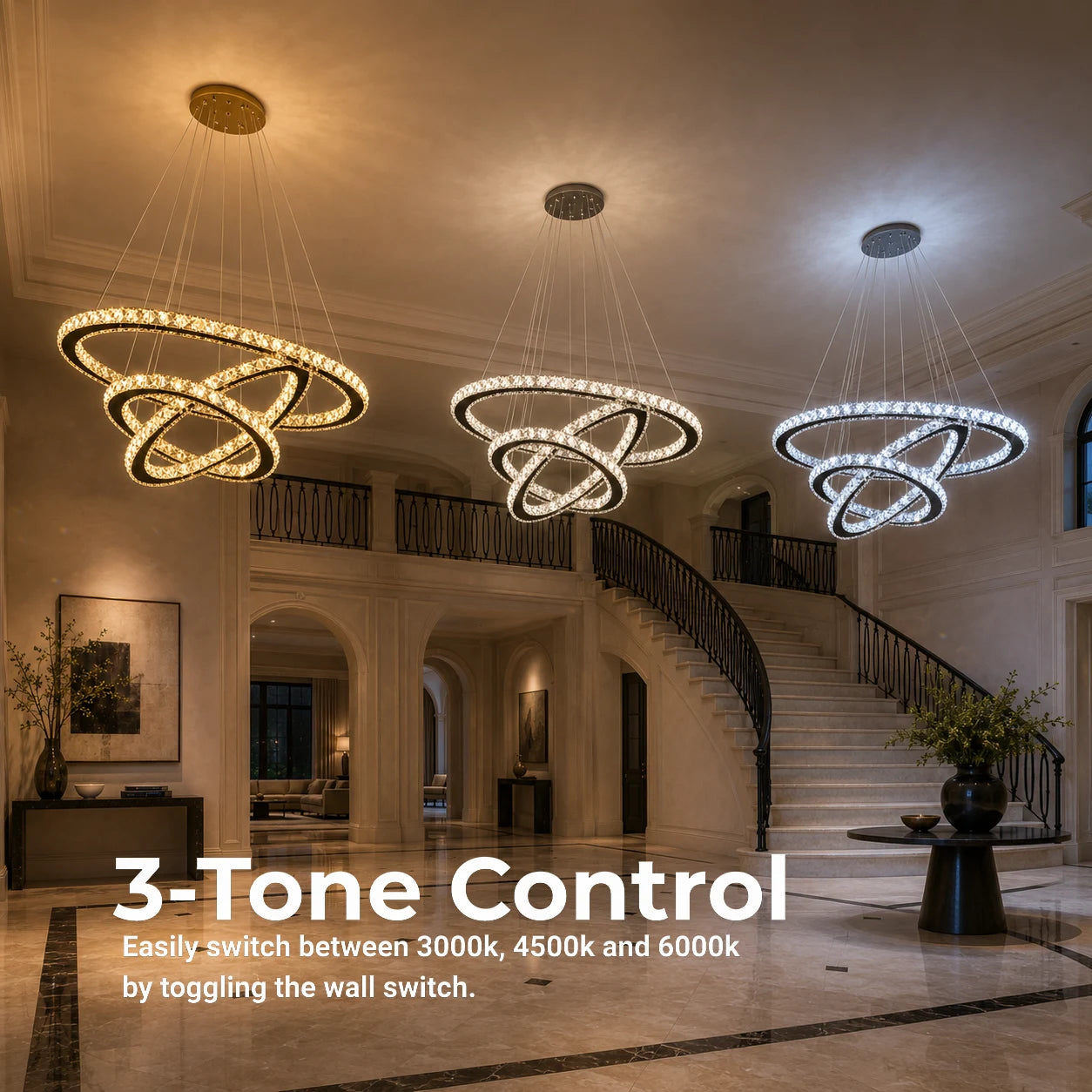 Zawieszany żyrandol LED z pilotem i kryształem PRISM LUMINIS 79W, 3 koła, światło zimne/ciepłe/neutralne, możliwość przyciemniania, chrom, regulowana wysokość - 15_LT029.png