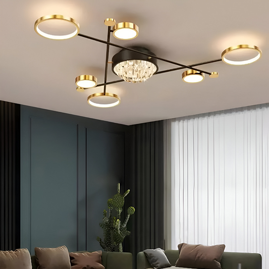 Żyrandol LED z pilotem i kryształem MISEL 138W, 7 elementów, zimne/ciepłe/neutralne światło, ściemnialny, czarno-złoty