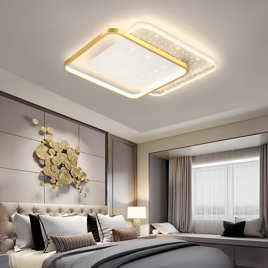 LED żyrandol z pilotem Gildra, 110 W, 2 kwadraty, zimno/gorące/neutralne światło, niemile, złote