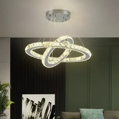 Żyrandol LED z pilotem i kryształem PRISM LUMINIS 58W, 2 okręgi, zimne/ciepłe/neutralne światło, ściemnialny, srebrny, regulowana wysokość