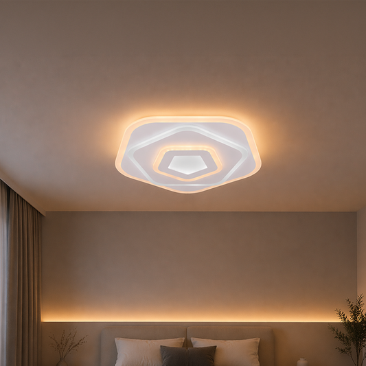 Żyrandol LED z pilotem PENTAGON 59W, 40cm, światło zimne/ciepłe/neutralne 3000K/4000K/6000K, biały, metal i akryl